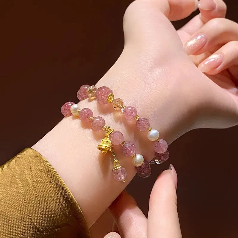 Double-layer strawberry quartz pearl bell bracelet for women, electroplated finish, geometric shape