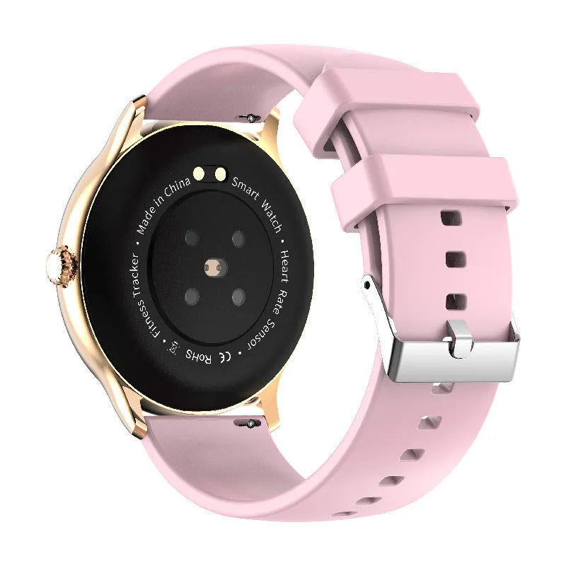 Black smartwatch with circular screen displaying health stats, on a silicone strap.