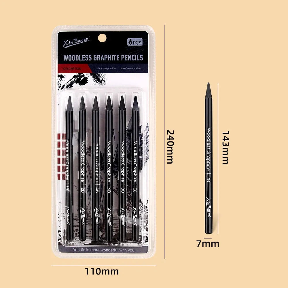 Six graphite sketching pencils in wood-free full lead design with HB 2B 4B 6B 8B EE grades