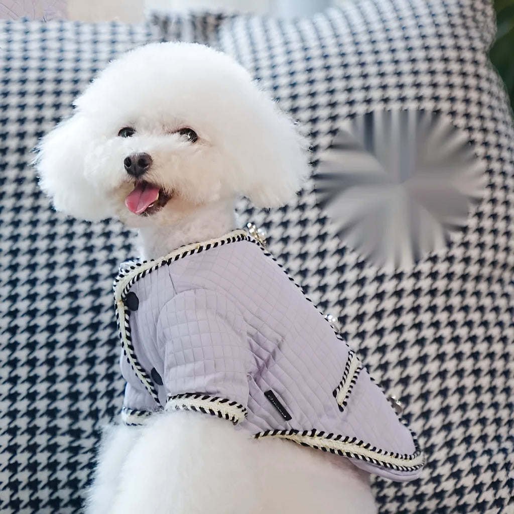 Quilted polyester dog coat in light purple with cartoon design for autumn and winter warmth