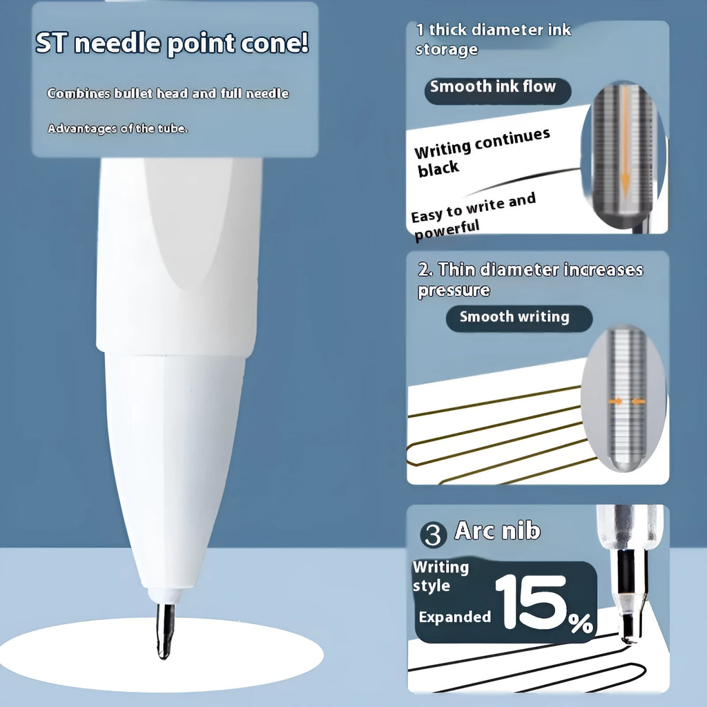 Quick-drying ballpoint pen refills in black, blue, ink blue, and red colours showing packaging of 10 bags