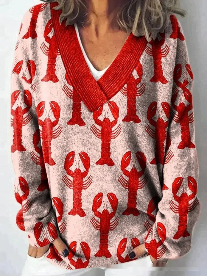 Women's floral pattern 3D printed V-neck sweatshirt with long sleeves