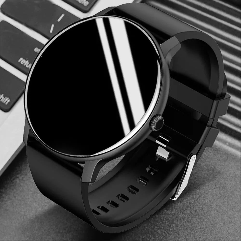 Black smartwatch with circular screen displaying health stats, on a silicone strap.