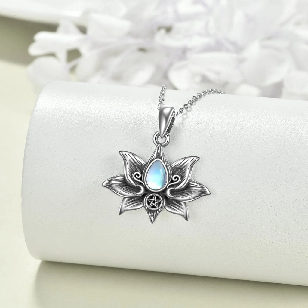 Sterling silver moonstone lotus flower pendant necklace on a calendered O-chain with retro silver finish