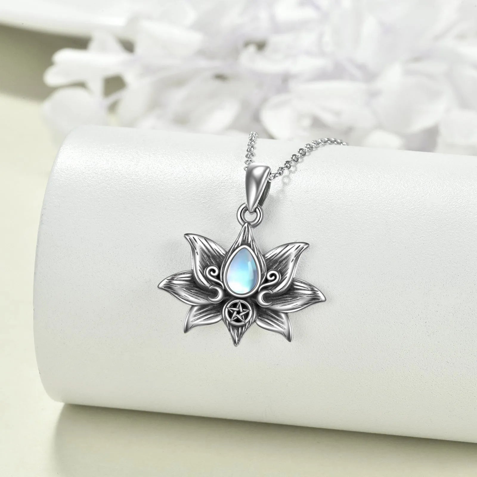 Sterling silver moonstone lotus flower pendant necklace on a calendered O-chain with retro silver finish