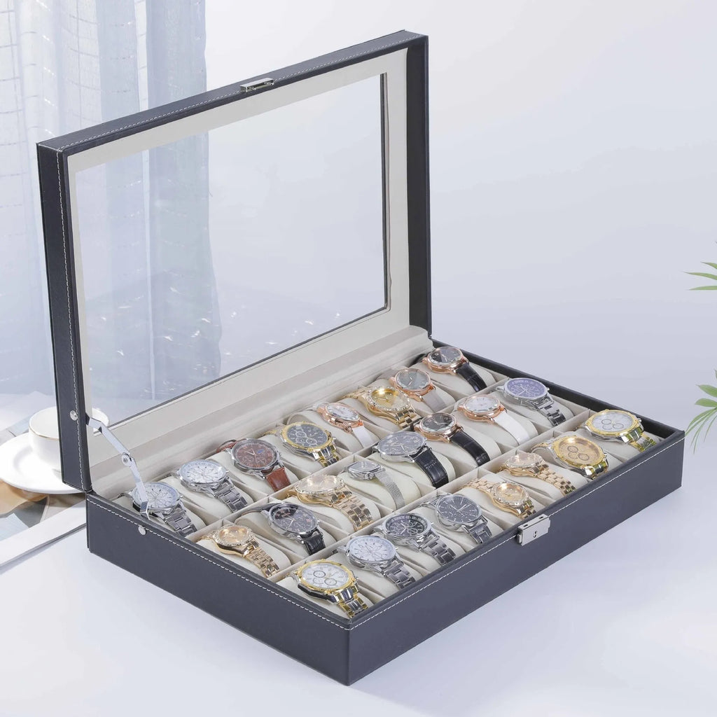 Grey high-grade leather watch storage box with a transparent dustproof lid showing multiple watch slots inside.