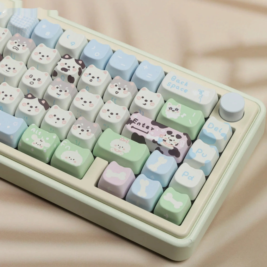 PBT sublimation full set key caps showing cat and puppy animal designs for mechanical keyboards