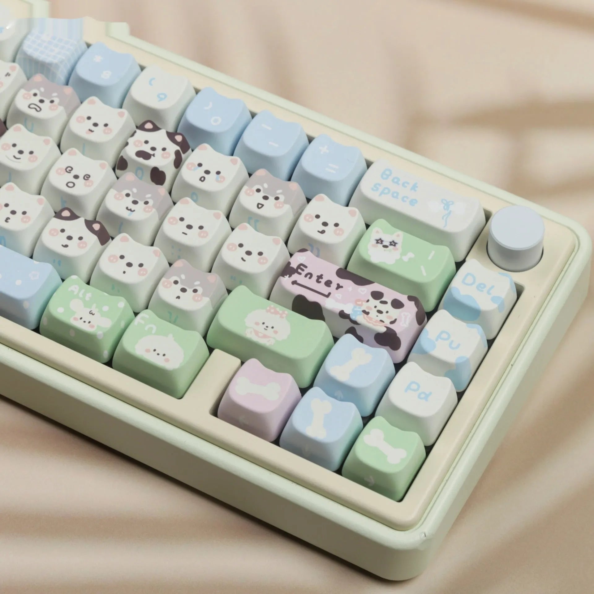PBT sublimation full set key caps showing cat and puppy animal designs for mechanical keyboards