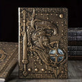A5 leather notebook with 3D embossed warriors relief design on the cover, shown in bronze colour.