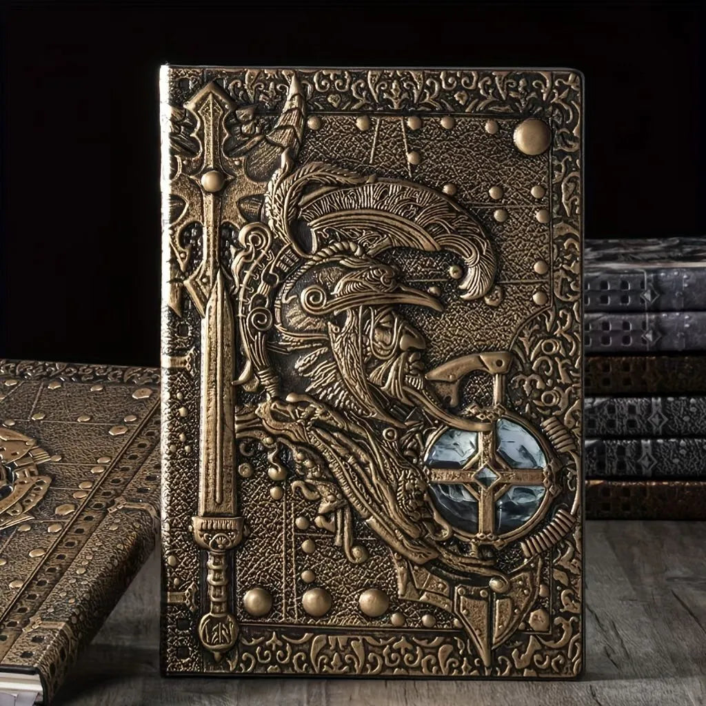 A5 leather notebook with 3D embossed warriors relief design on the cover, shown in bronze colour.