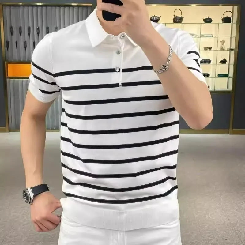 Striped lapel knitted T-shirt in black and white colour options showing pullover style