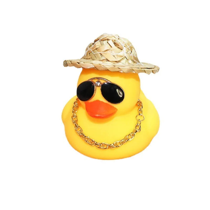 Cartoon straw hat yellow duck car ornament with matte finish, includes base glue and sunglasses necklace