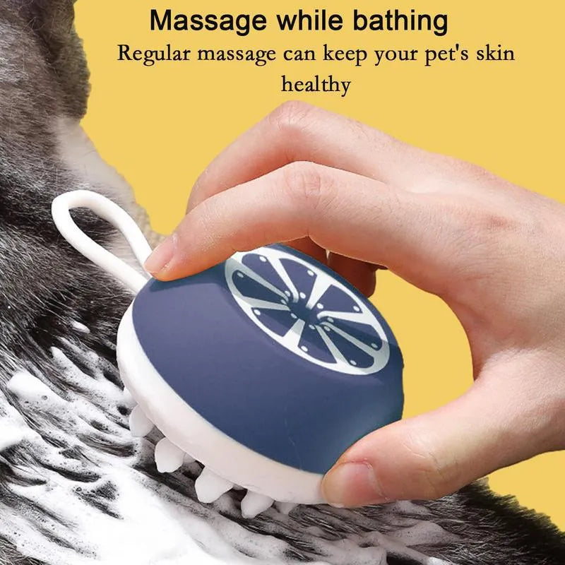 3-in-1 dog shampoo brush with silicone massage points and double-sided scrubbing head