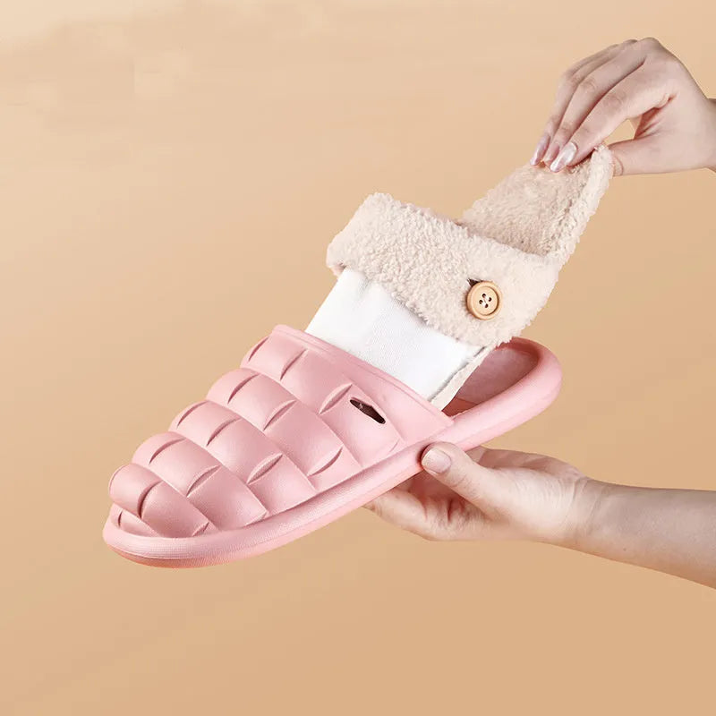Plaid detachable EVA slippers for women in pink, shown with plush lining and flat sole.