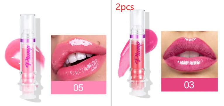 Lip gloss tube with mirror finish showing shiny application on lips