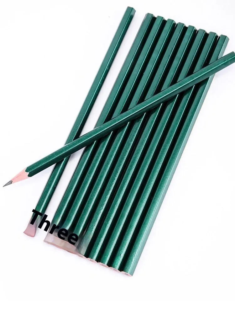 Box of ten green hexagonal wooden pencils, showing HB and 2B grades for writing and sketching.