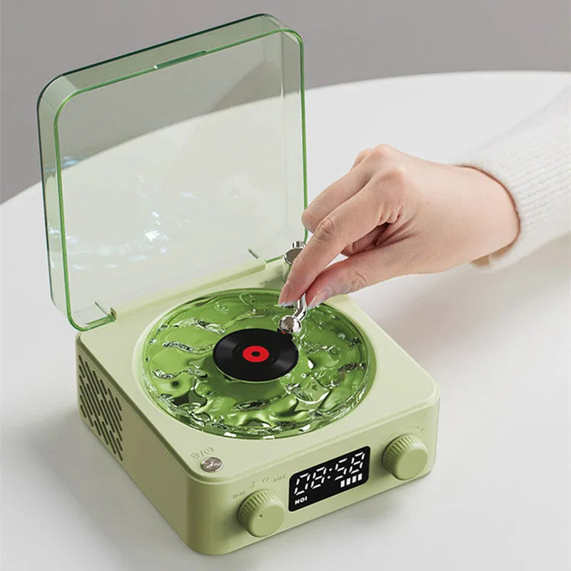 Blue retro turntable Bluetooth speaker with rotating disc and RGB light projection