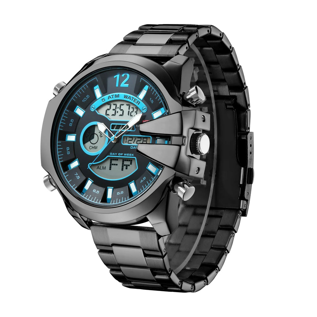 Men's dual display alarm LED sports watch with 55mm round mineral glass dial and stainless steel strap, black colour