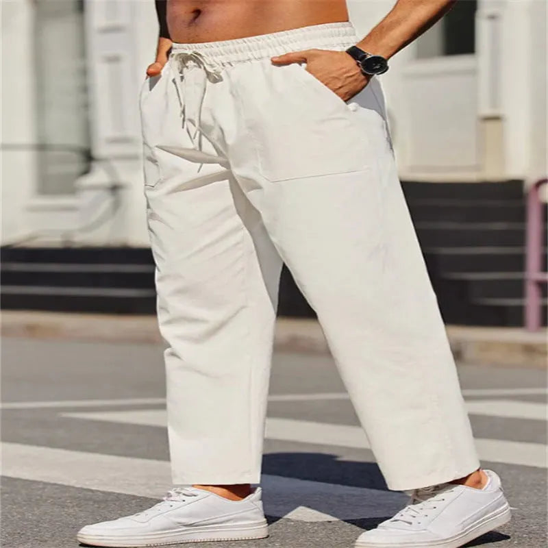 Men's straight-leg linen trousers with elastic waistband in seven colour options