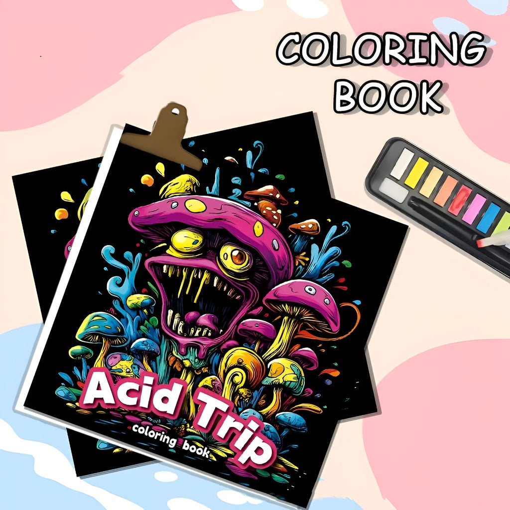Acid tour coloured A5 painting book open on a table with drawing tools.