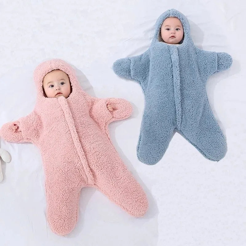 Cashmere and cotton baby sleeping bag with hood, shown in pink, grey, light blue, or khaki.