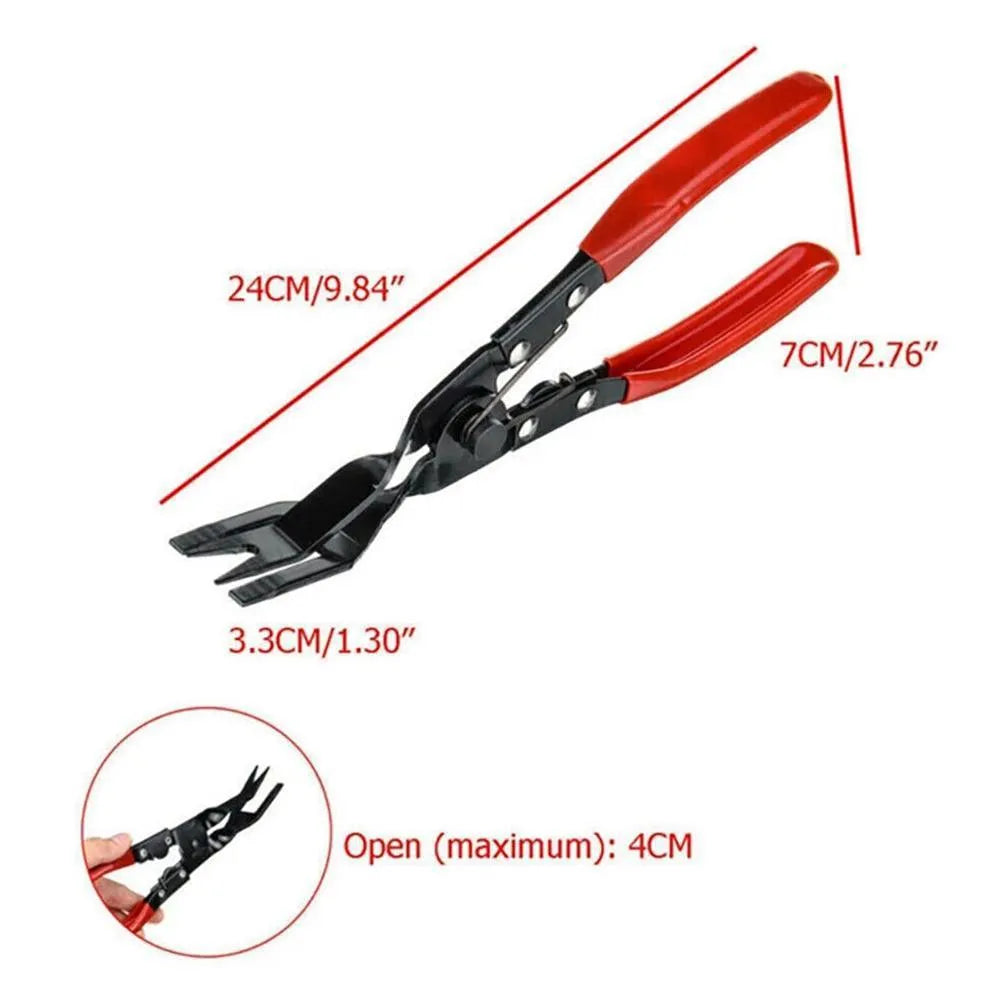Blue steel car interior clamp removal pliers showing 235mm length and 32mm head dimensions