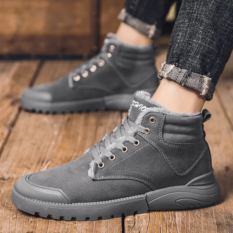 Men's winter warm plush ankle boots with suede upper, rubber sole, round toe, and front tie closure, available in multiple colours