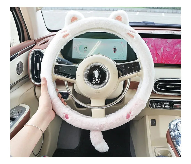 Plush winter steering wheel cover with embroidered cartoon animal, 38cm diameter.