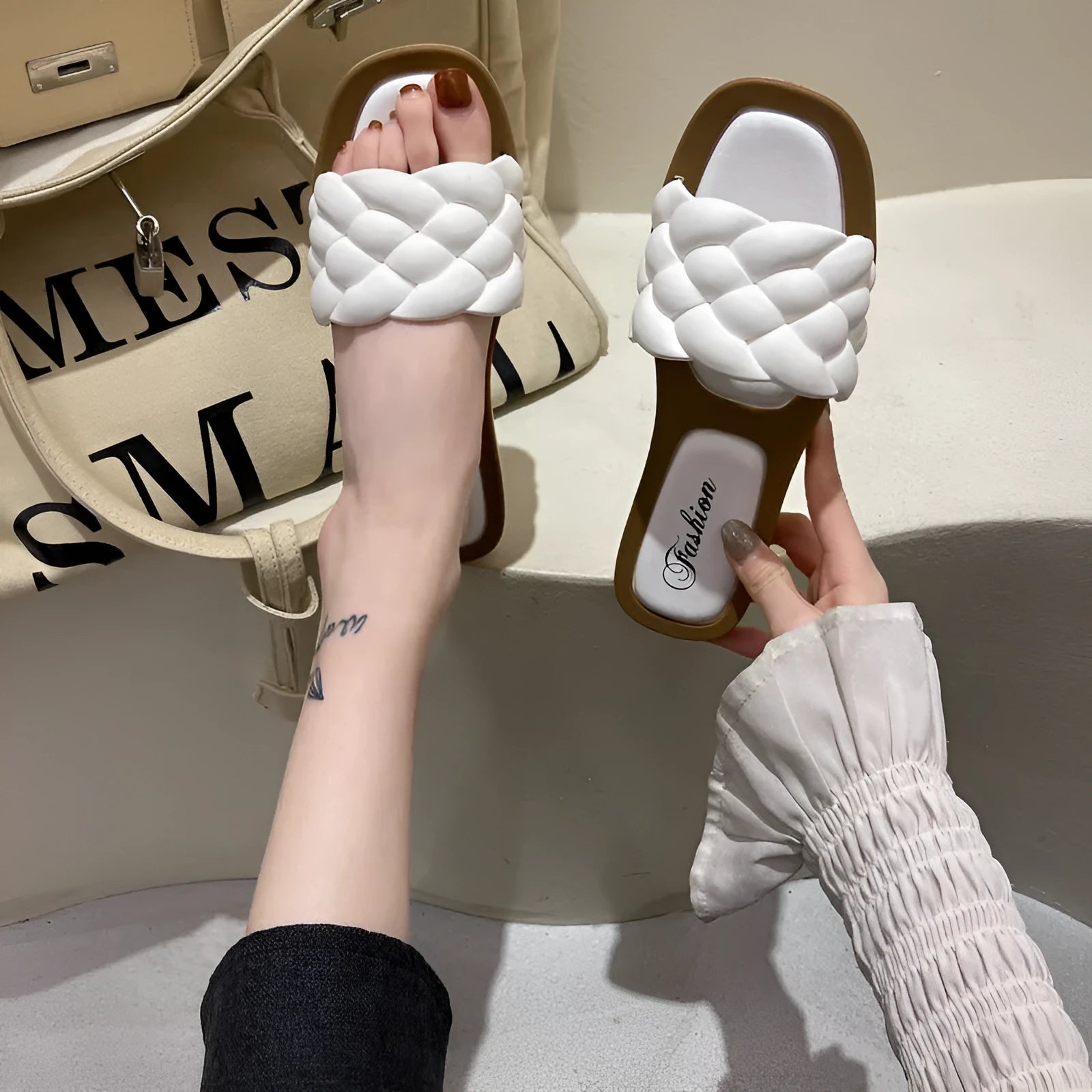Women's anti-skid beach sandals in plaid pattern available in white, green, black and orange colours
