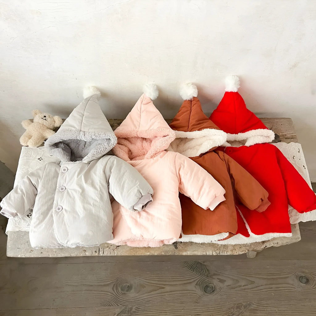 Winter fleece-lined unisex baby jacket in solid colour, pearl fleece fabric, hooded, button front, available in light gray, pink, brown, bright red