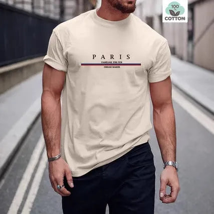 Men's casual white cotton t-shirt with black letter print, loose fit, short sleeves.