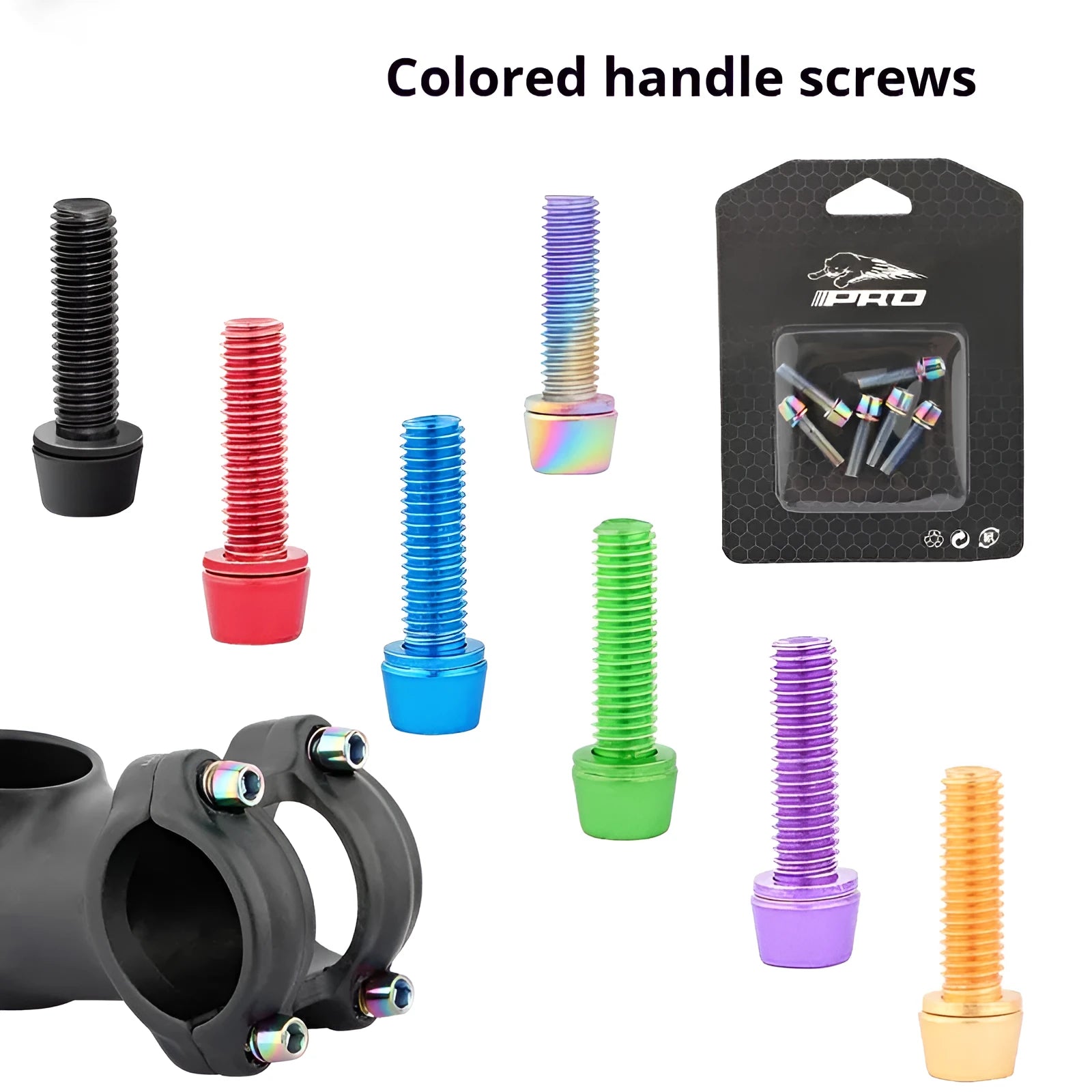 Set of six coloured stainless steel screws for mountain bike handlebar riser installation.