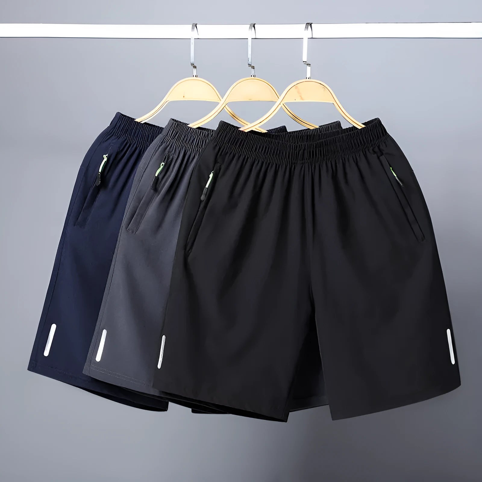 Men's polyester beach casual sports shorts in solid colour with zip pocket and micro-elastic fit, available in multiple Asian sizes