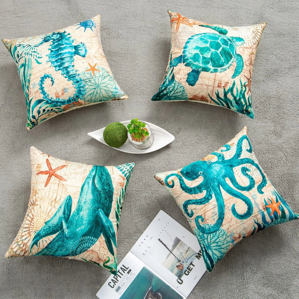 Square linen cushion cover with a detailed blue sea turtle print, showing a hidden zipper along one edge.