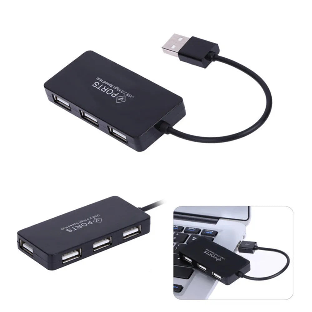 4-port USB 2.0 hub in black with switch and 14.5 cm cable, compact size 70×30×10 mm