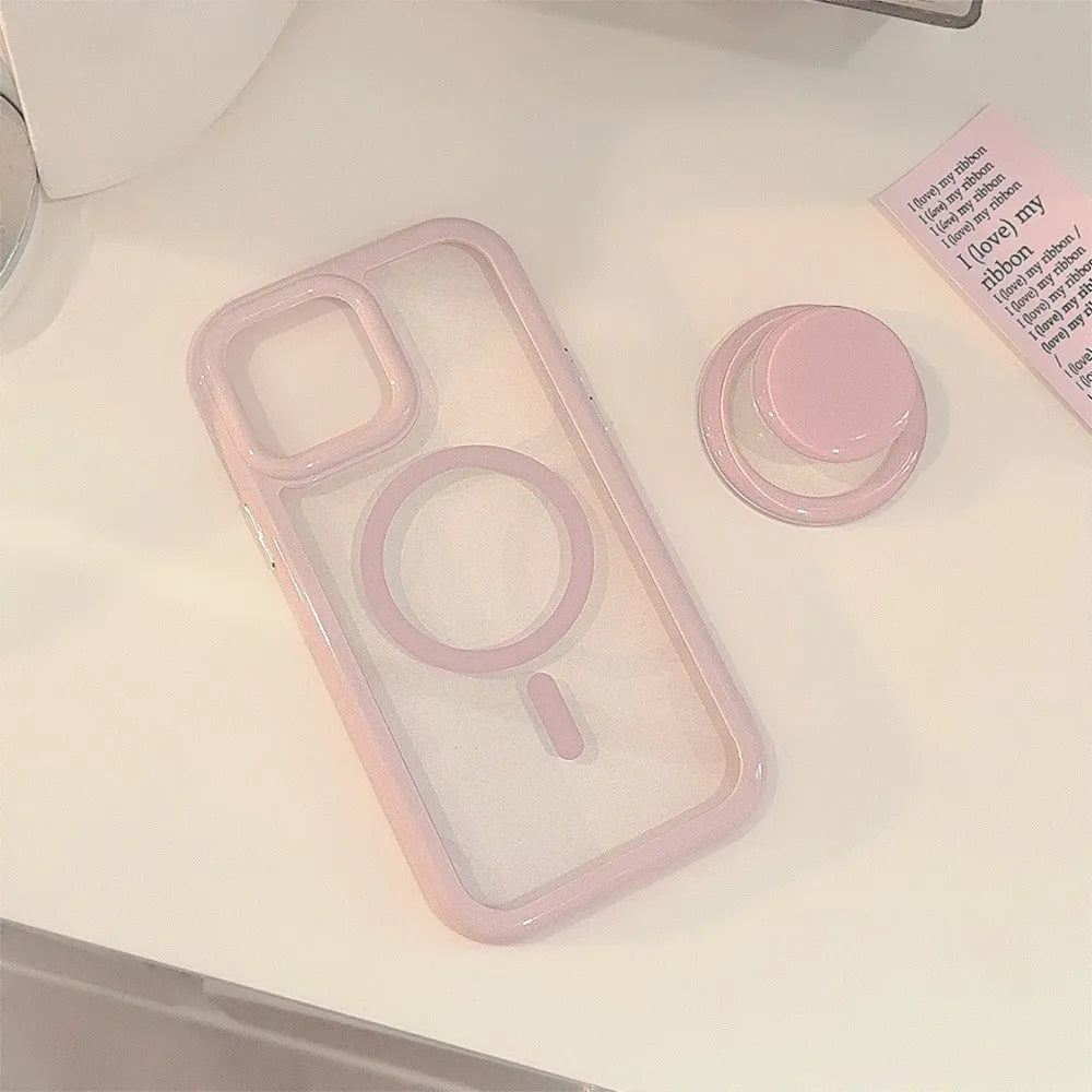 Solid colour magnetic bracket phone case for iPhone with acrylic back and magnetic edge in pink