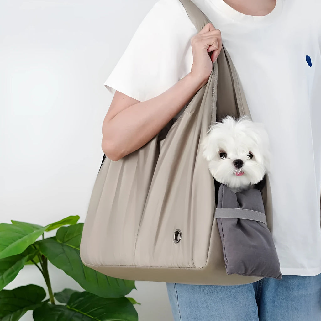Apricot cloth pet carrier bag measuring 41x16x28cm with handbag-style design