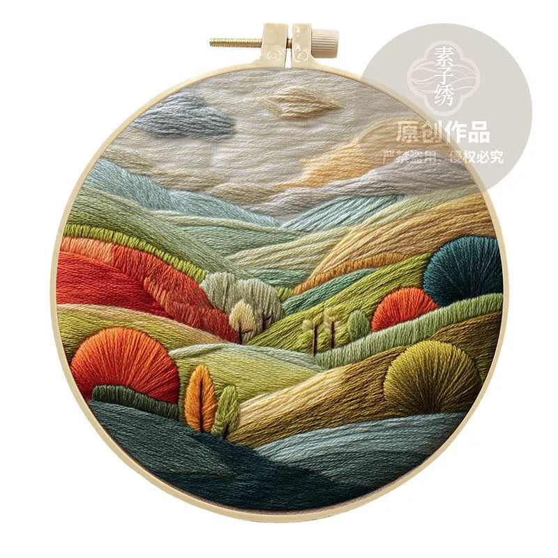 Embroidery DIY kit with 15cm bamboo frame, cotton linen fabric, and landscape design for handmade cloth art