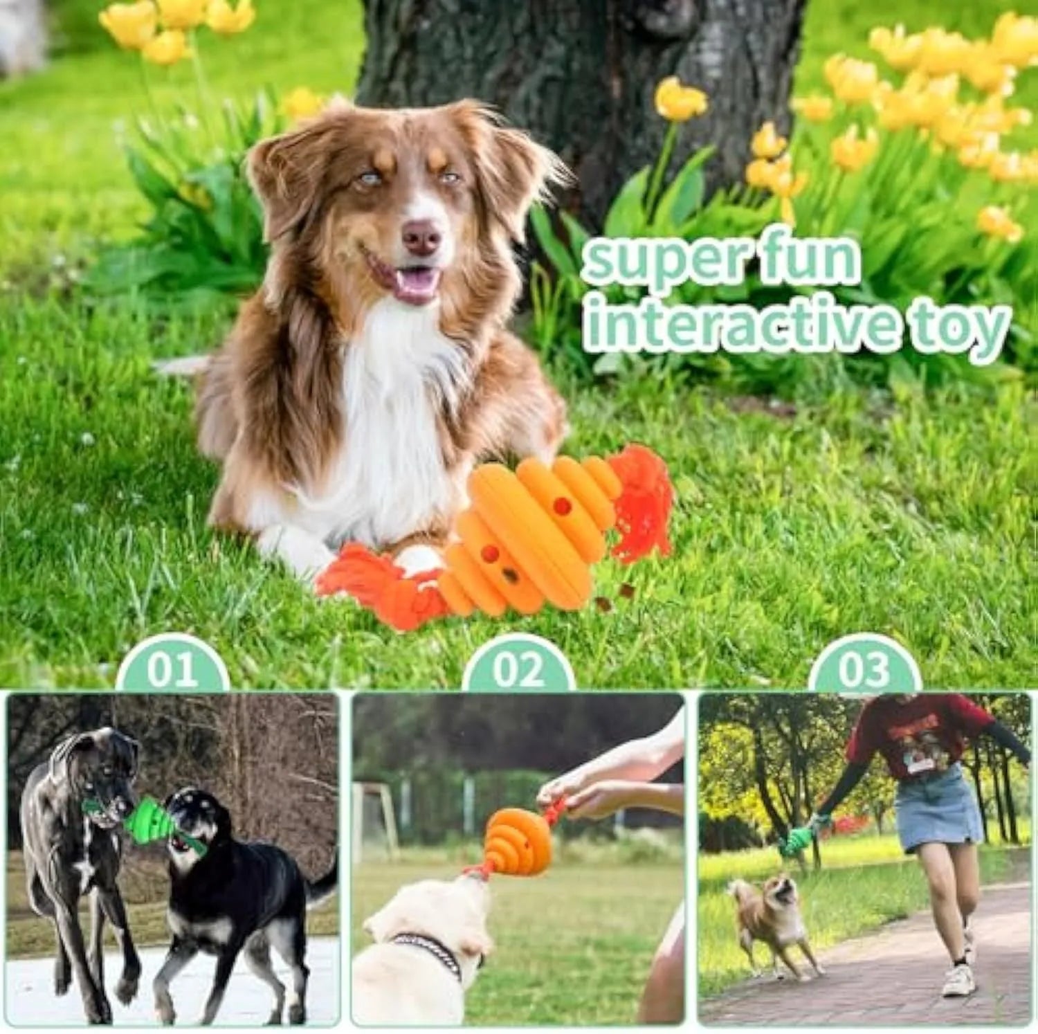 Green and yellow dog ball with integrated rope, hollow treat-dispensing design