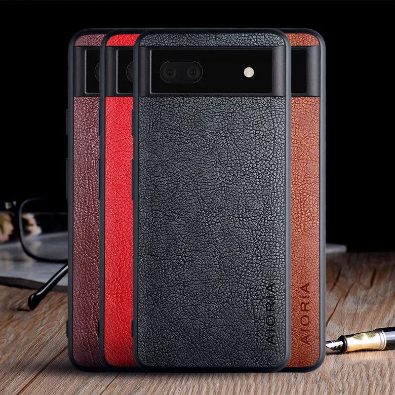 Black PU lychee skin texture phone case for Google Pixel 6, showing all-inclusive glass design.