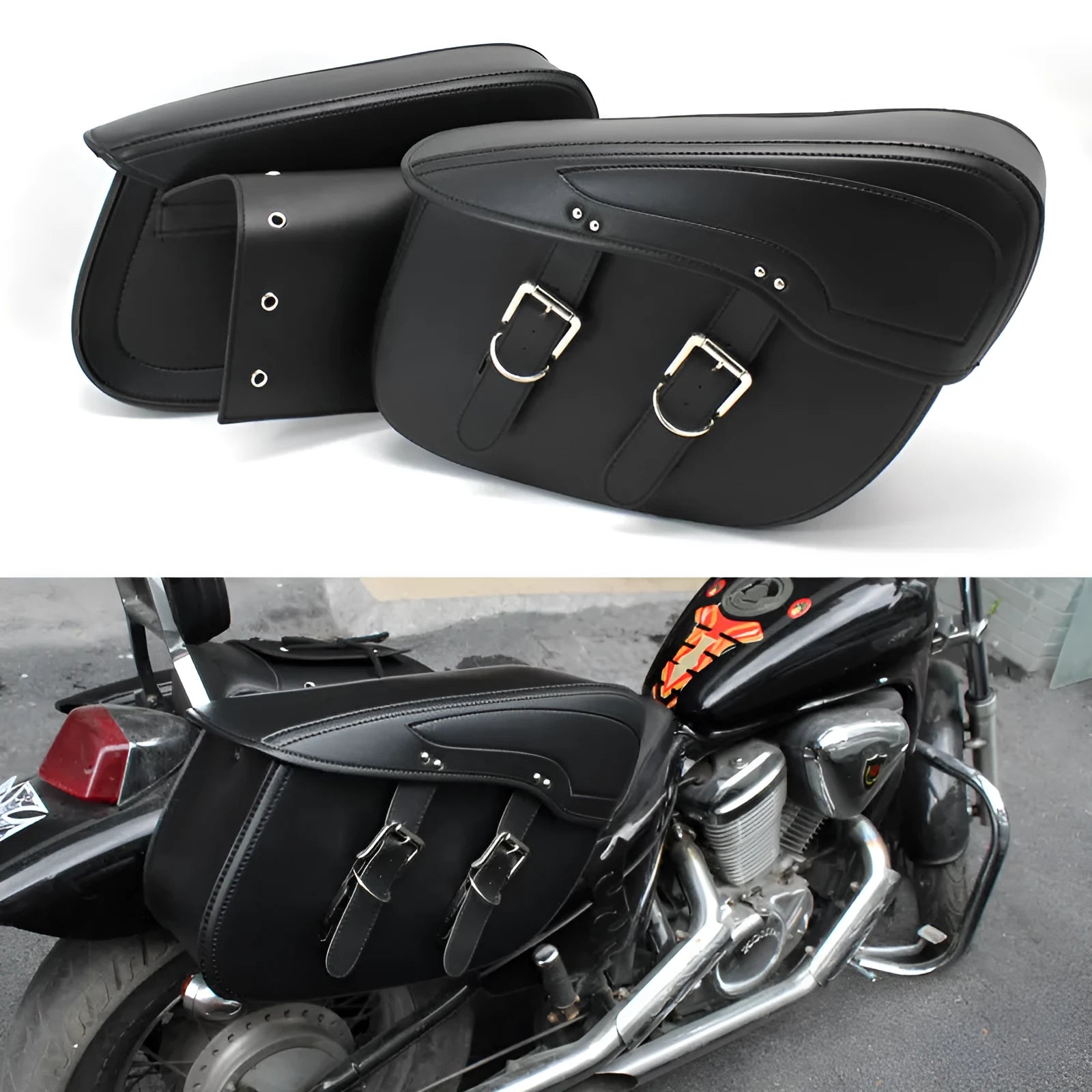 Retro style motorcycle saddle bag in PU leather with 42cm dimensions, shown in black and brown colour options