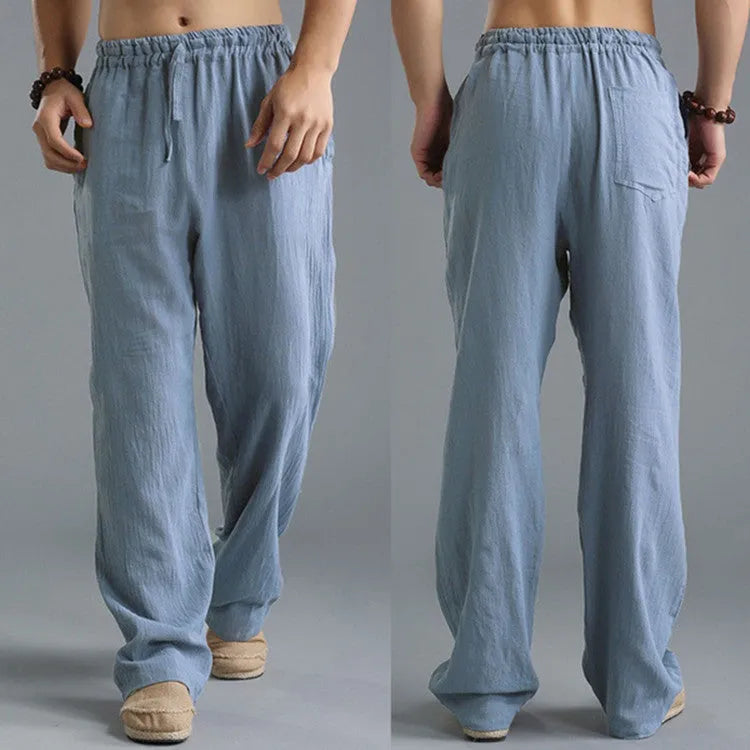 Men's linen loose casual sports pants in khaki, side view, on a hanger