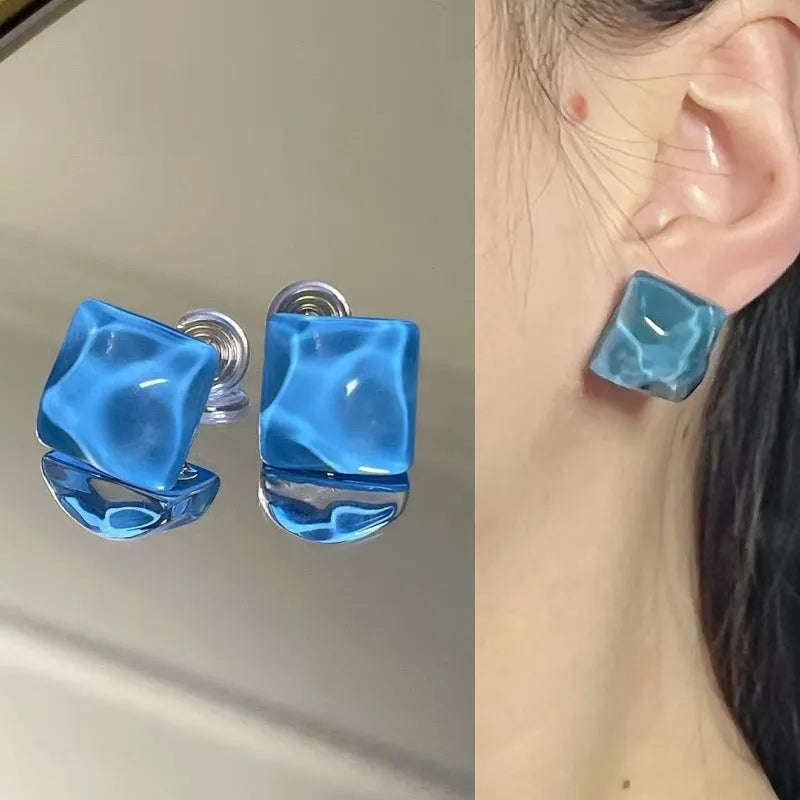 Geometric square water ripple blue earrings in ice blue alloy, unisex Korean style