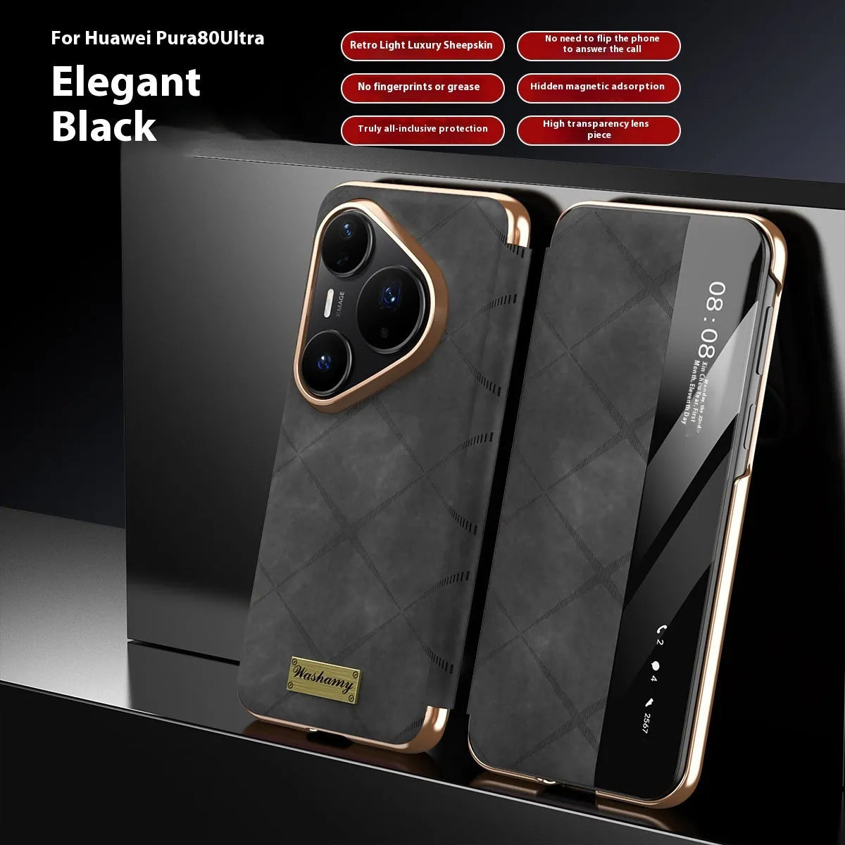 Huawei electroplated diamond grid anti-fingerprint phone case in imitation leather, shown in Elegant Black.