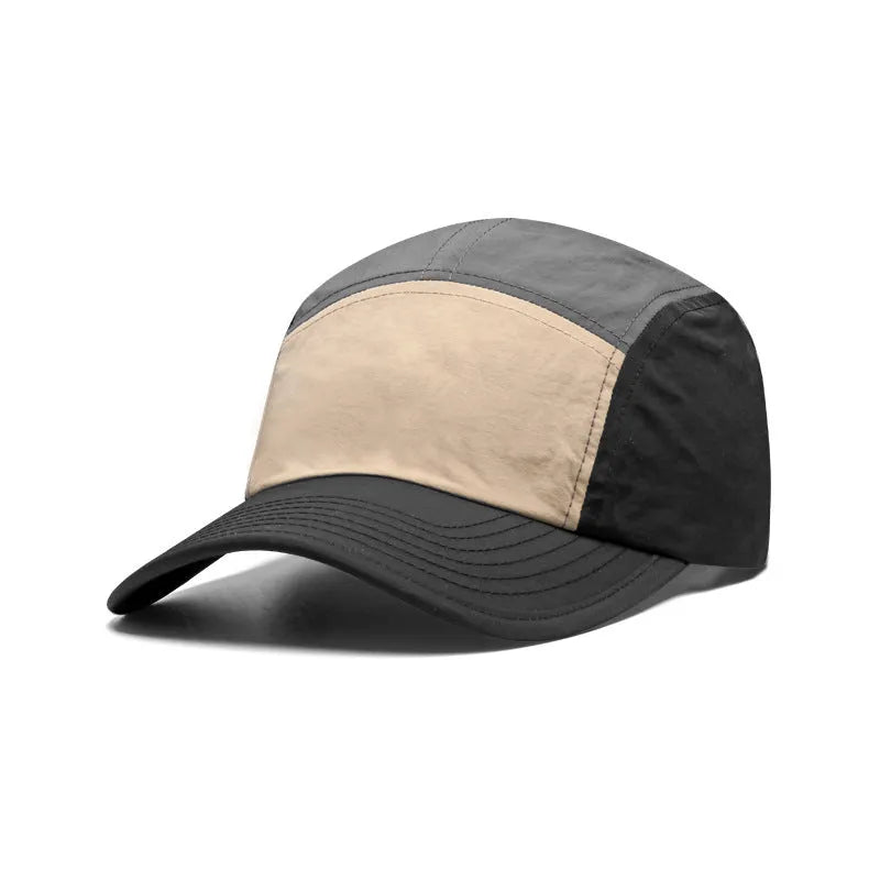 Men's quick-drying cotton-polyester baseball cap with curved brim in khaki, green, orange, and yellow colours.