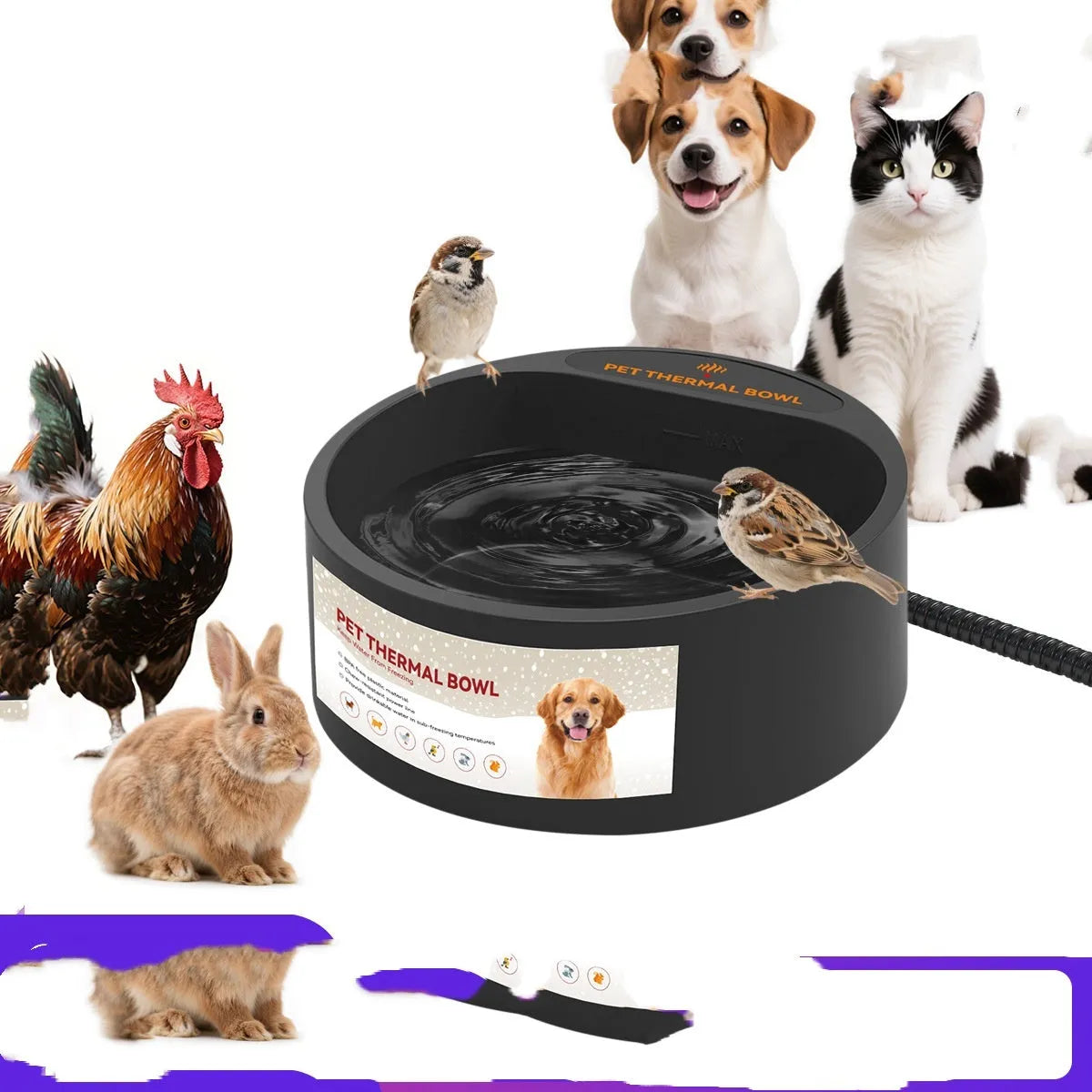 Black ABS plastic electric heated pet bowl with 2.2 litre capacity on a floor.
