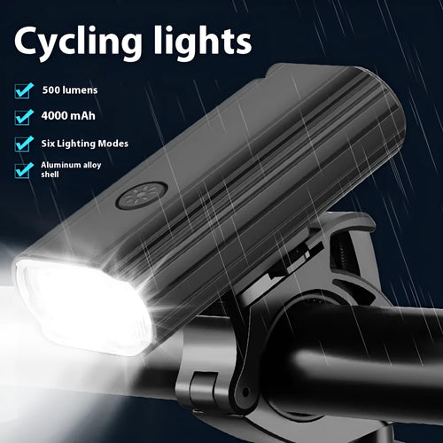 Aluminium alloy bicycle headlight with USB Type-C charging port, shown with quick-release handlebar mount.