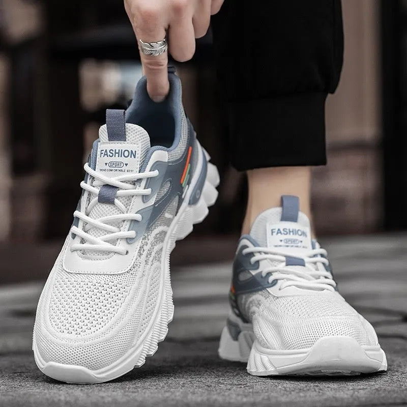 Men's platform casual sports shoes in black or white blue with mesh upper and rubber sole