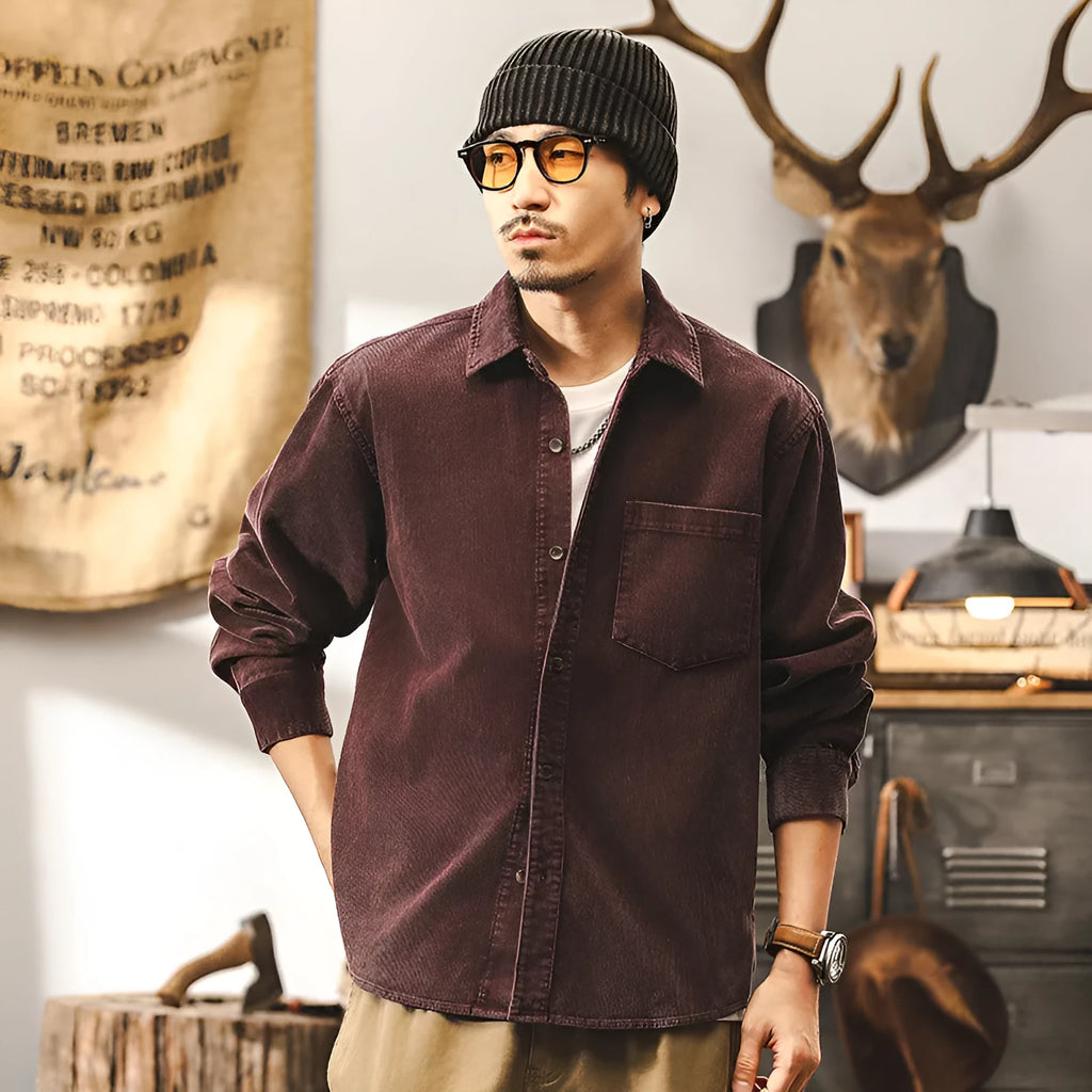 Men's loose fit corduroy shirt jacket in cotton fabric available in black or red