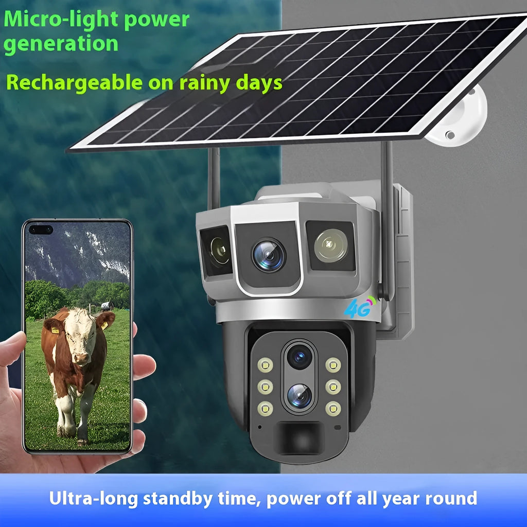 V380 outdoor smart monitor camera with solar panel on wall mount showing three-screen display